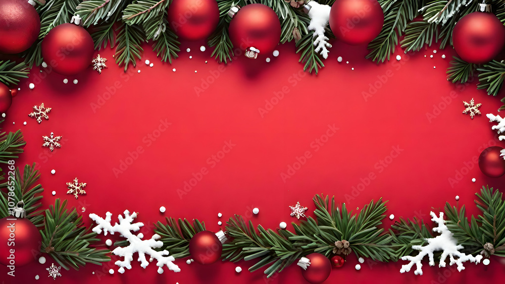 Christmas decoration border with fir branches and golden glitter confetti and sparkles of lights blur bokeh on red background. Bright Christmas and New Year design holiday frame Christmas decoration border with fir branches and golden glitter confetti and sparkles of lights blur bokeh on red background. Bright Christmas and New Year design holiday frame