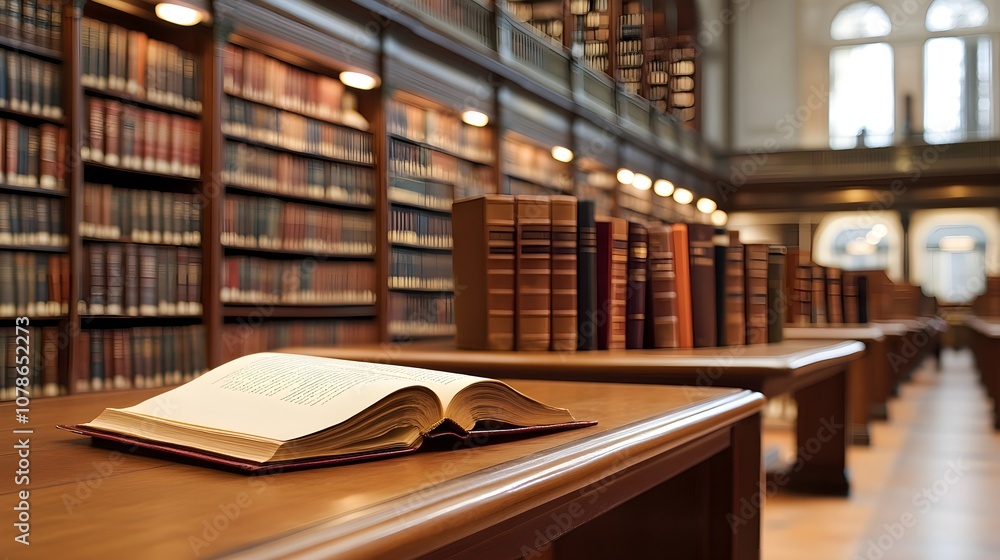 A Serene Classical Library Filled with Shelves of Law Books and Resources for Legal Professionals, Perfect for Study and Research