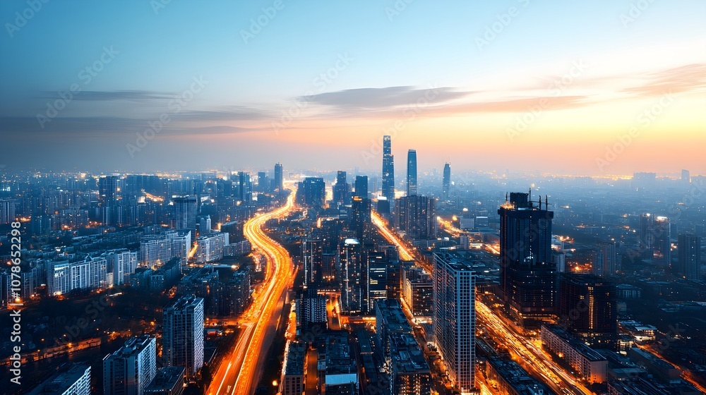Fototapeta premium Breathtaking Aerial View of a Cityscape at Night with Glowing Lights, Sky Reflections, and Urban Vibes Just After Sunset from a High Perspective
