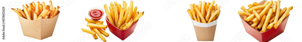 An assortment of freshly fried golden brown French fries served in various cardboard and paper containers showcasing the classic fast food snack in a casual and appetizing display An assortment of freshly fried golden brown French fries served in various cardboard and paper containers showcasing the classic fast food snack in a casual and appetizing display