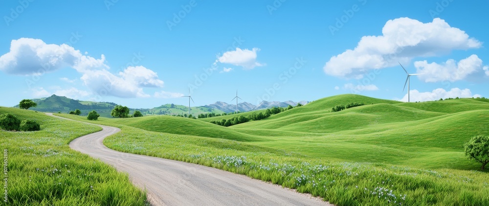 In an eco-friendly and sustainable manner, solar panels and wind turbines harness the power of nature while producing clean electricity on a scenic hillside landscape In an eco-friendly and sustainable manner, solar panels and wind turbines harness the power of nature while producing clean electricity on a scenic hillside landscape
