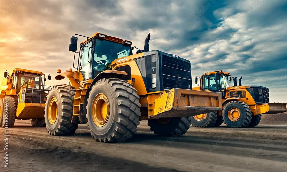 Two large construction vehicles with prominent tires and blades are positioned on a dirt surface under a dramatic sky, showcasing their industrial purpose. Two large construction vehicles with prominent tires and blades are positioned on a dirt surface under a dramatic sky, showcasing their industrial purpose.