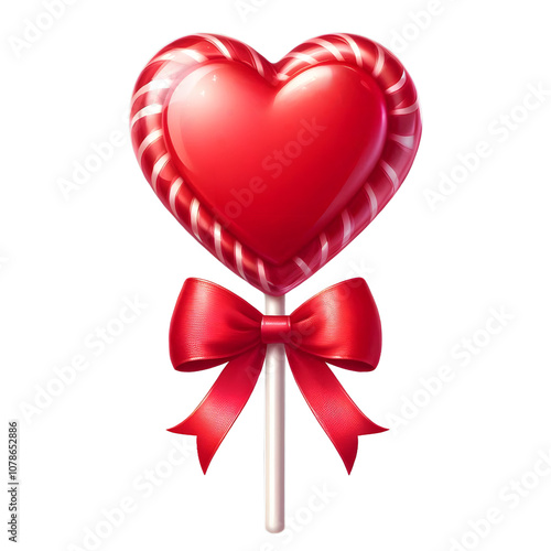 Sweet heart shaped lollipop in red with a bow tied to the stick on transparent background.