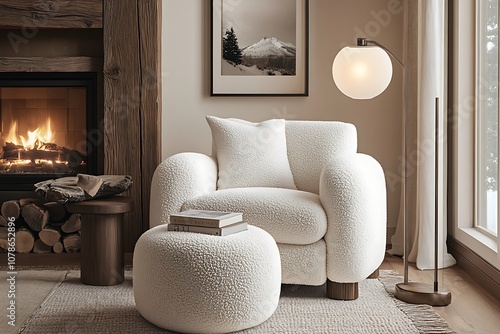 Wallpaper Mural Cozy Living Room with White Sheepskin Armchair and Footstool Torontodigital.ca