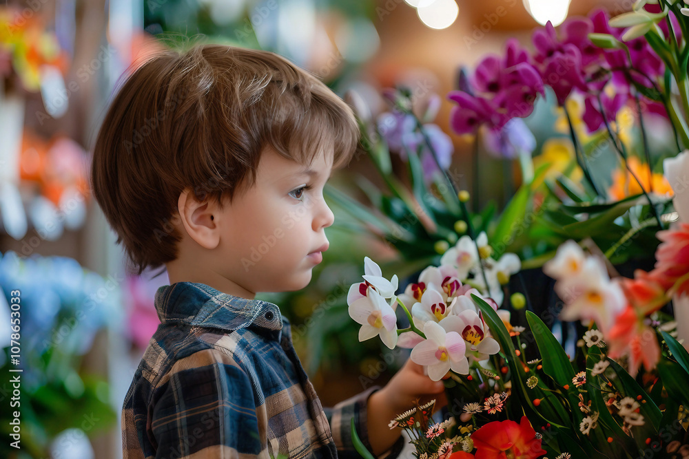 Naklejka premium Generative AI Cute Baby kid child girl boy in Florist Shop Surrounded by Flowers