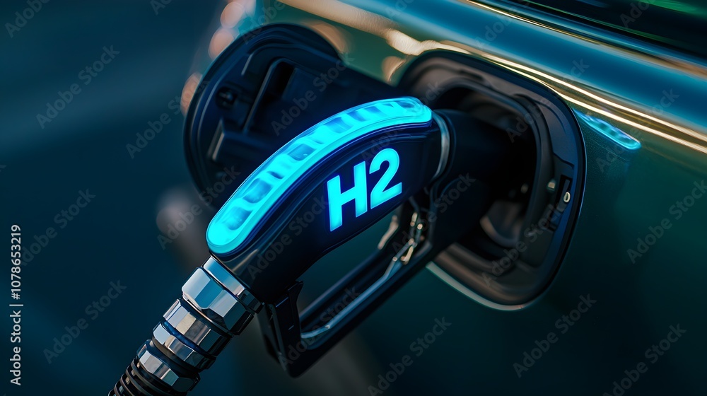 Close-Up of Innovative Hydrogen Fuel Nozzle at Fuel Port of Vehicle, Highlighting Modern Technology for Eco-Friendly Cars Close-Up of Innovative Hydrogen Fuel Nozzle at Fuel Port of Vehicle, Highlighting Modern Technology for Eco-Friendly Cars