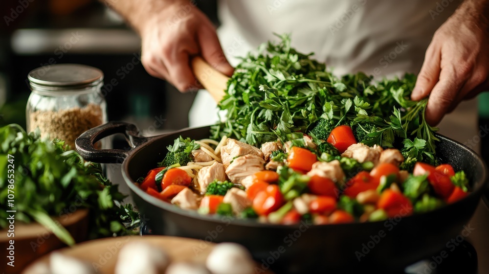 A pair of hands prepare a colorful and nutritious skillet meal with fresh vegetables and chicken, capturing the essence of home-cooked warmth and healthfulness. A pair of hands prepare a colorful and nutritious skillet meal with fresh vegetables and chicken, capturing the essence of home-cooked warmth and healthfulness.