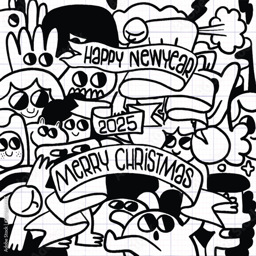 lively black and white doodle art featuring cartoon characters celebrating with Happy New Year 2025 and Merry Christmas banners, creating festive atmosphere