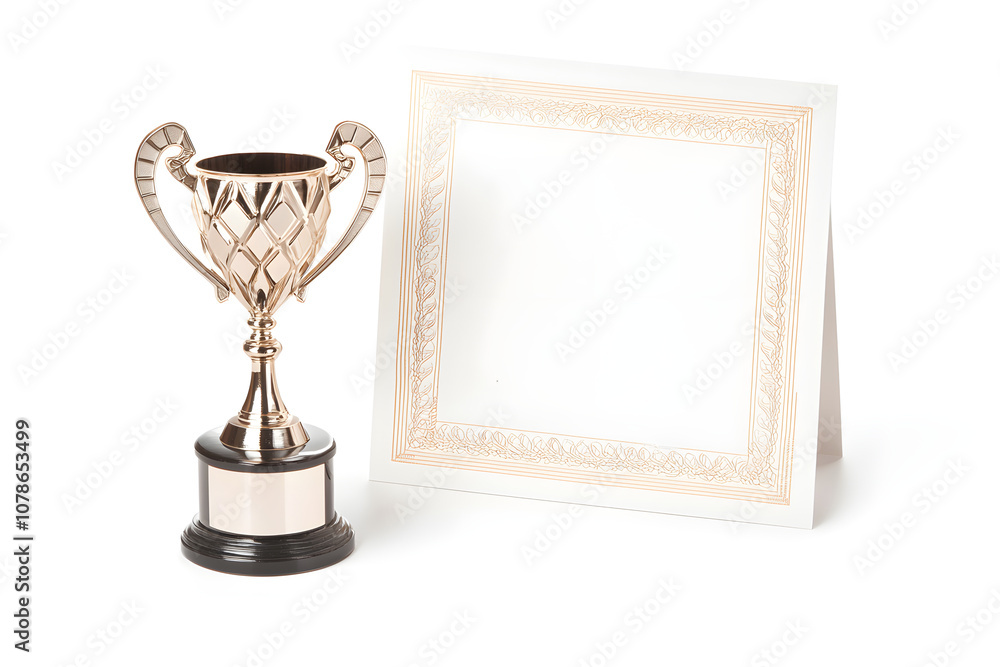 Elegant trophy with intricate design alongside a blank certificate holder, perfect for recognition events, awards ceremonies, or milestone celebrations. Elegant trophy with intricate design alongside a blank certificate holder, perfect for recognition events, awards ceremonies, or milestone celebrations.