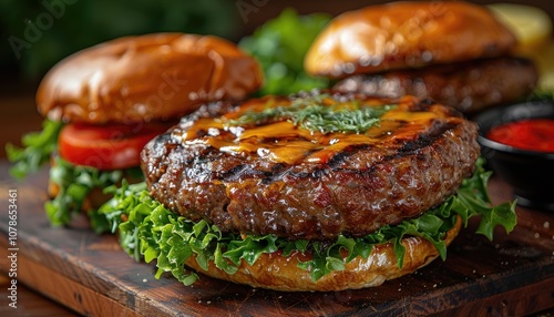 Juicy Cheeseburger with Melted Cheese and Fresh Greens on Wooden Board photo