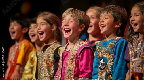 Ecstatic Kids in Vibrant Stage Costumes: Multicultural Laughter and Playfulness on Colorful Set