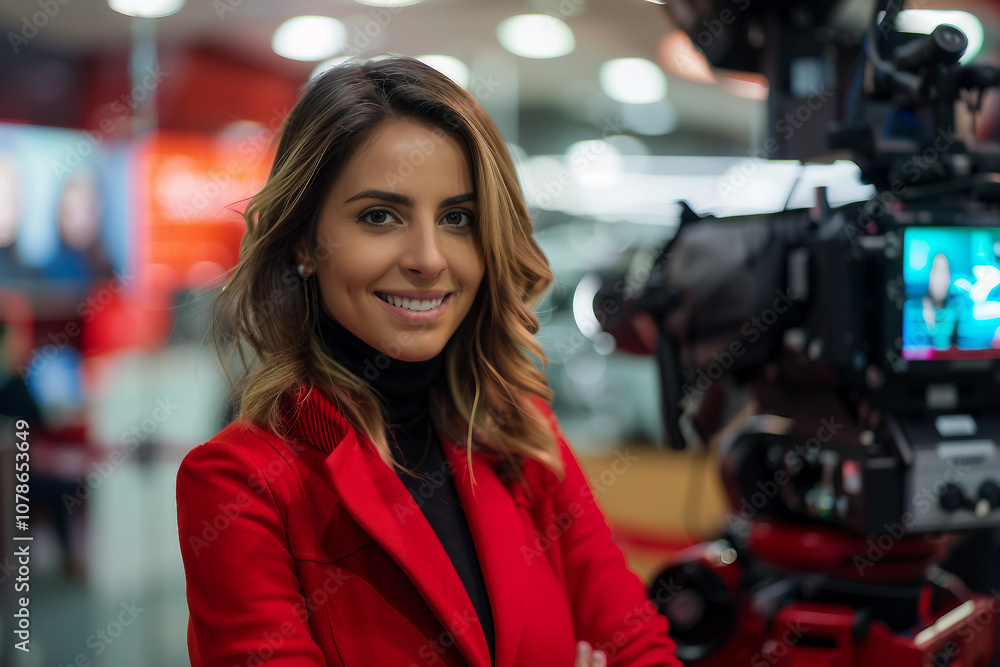 Generative AI professional male female Television Reporter in broadcast Studio with Camera Generative AI professional male female Television Reporter in broadcast Studio with Camera