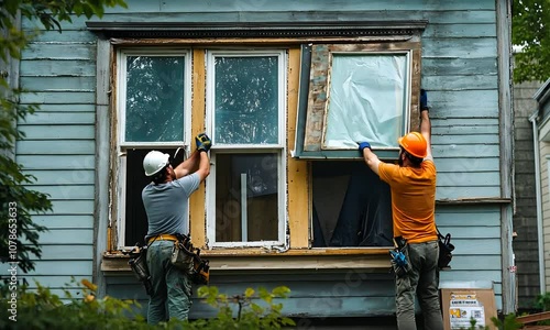 Two workers are repairing a window on an older house, using tools and wearing safety gear, indicating a renovation or restoration project.