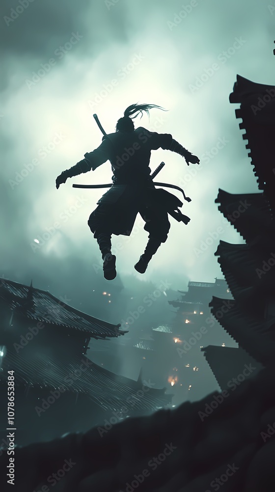 Fototapeta premium Silhouetted Samurai Leaping Over Cityscape