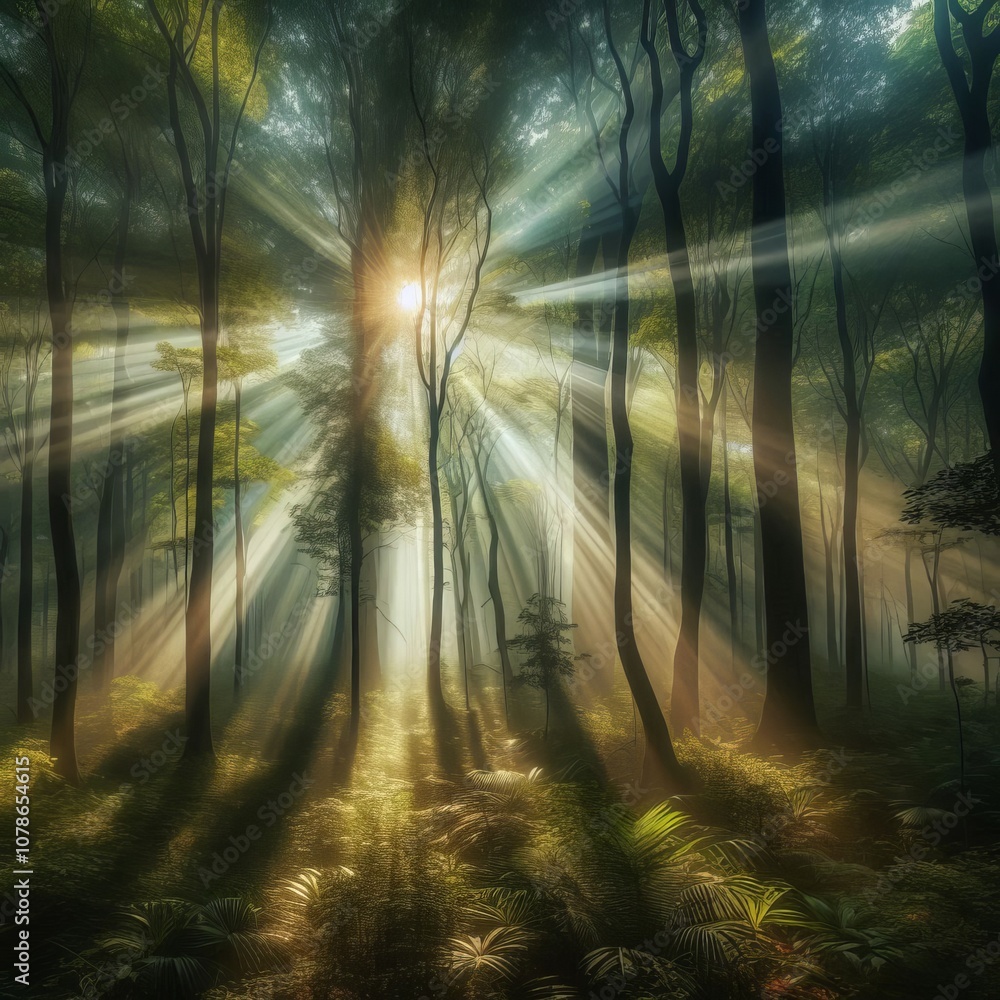 Sunbeams Through Forest Canopy Capture the ethereal beauty of su Sunbeams Through Forest Canopy Capture the ethereal beauty of su