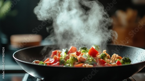 A healthy vegetable stir-fry with a medley of fresh broccoli, peppers, and carrots sizzles in a hot pan, releasing a steaming aroma that is both enticing and wholesome. photo