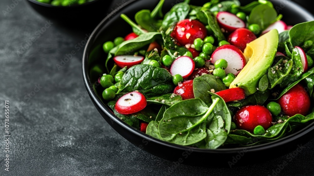 A refreshing and nutritious salad composed of fresh spinach leaves, ripe avocado slices, green peas, and sliced radishes, offering a burst of color and flavors. A refreshing and nutritious salad composed of fresh spinach leaves, ripe avocado slices, green peas, and sliced radishes, offering a burst of color and flavors.