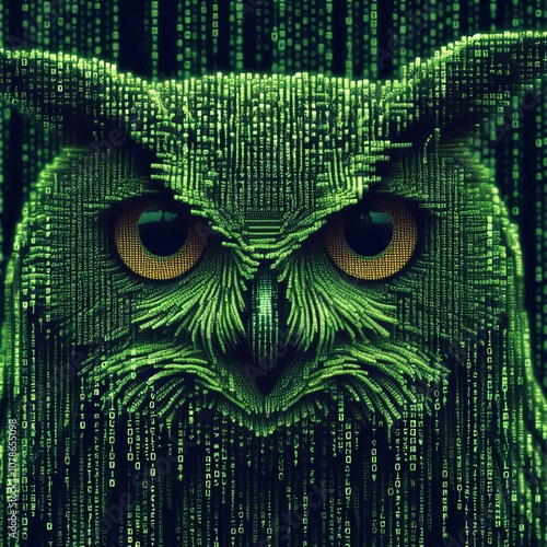 Matrix Code Ascii A close up of an owl its feathers and eyes mad photo