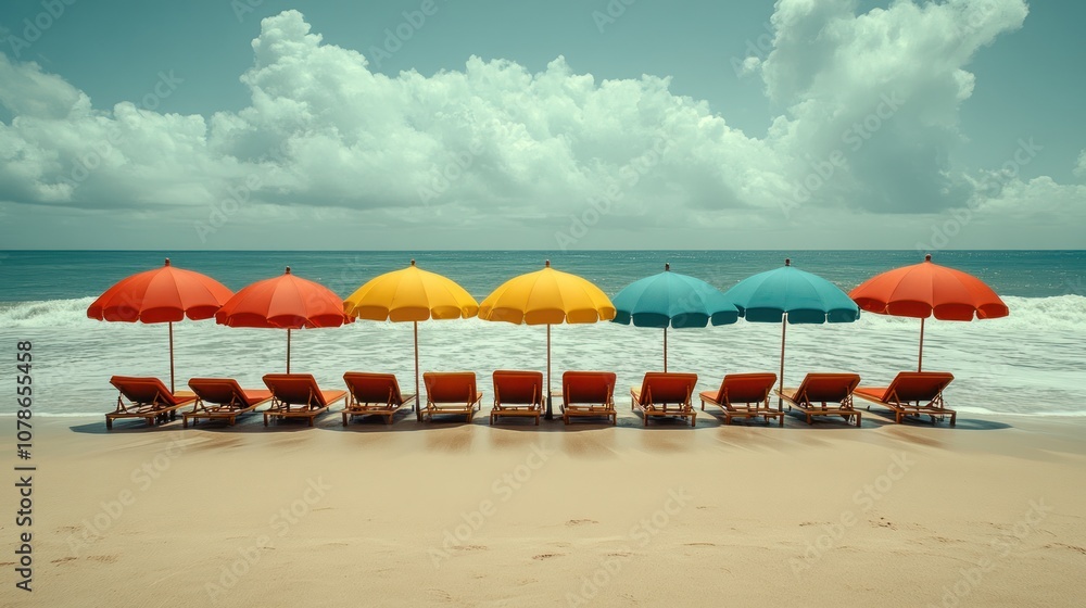 Colorful beach umbrellas and lounge chairs on a sandy beach. Colorful beach umbrellas and lounge chairs on a sandy beach.