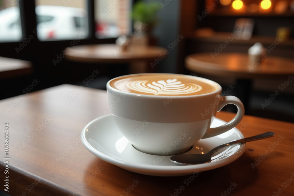 A cozy coffee scene with a cappuccino and a coffee cup on a table in a café setting, with a spoon and frothy foam details. A cozy coffee scene with a cappuccino and a coffee cup on a table in a café setting, with a spoon and frothy foam details.