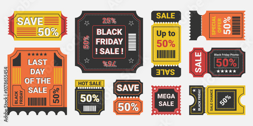 Sales coupons, stickers and labels. Black Friday tags set, business vouchers and products sales promotions. Vector illustration.