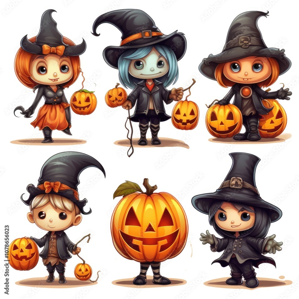 Cute halloween pumpkin faces with witch hats and seasonal flair Cute halloween pumpkin faces with witch hats and seasonal flair