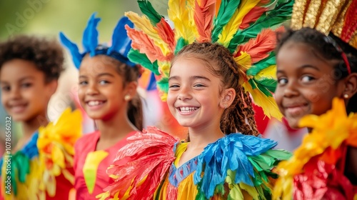 Diverse Group of Smiling Kids in Colorful Costumes Perform on Stage with Vibrancy and Joy