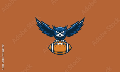 Powerful owl perched on football with wings spread wide.