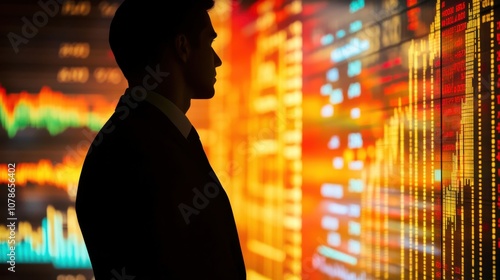 Businessman analyzing stock market trends with colorful graphs in the background.