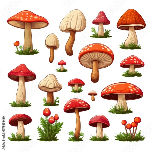 Vibrant red mushrooms collection on white background