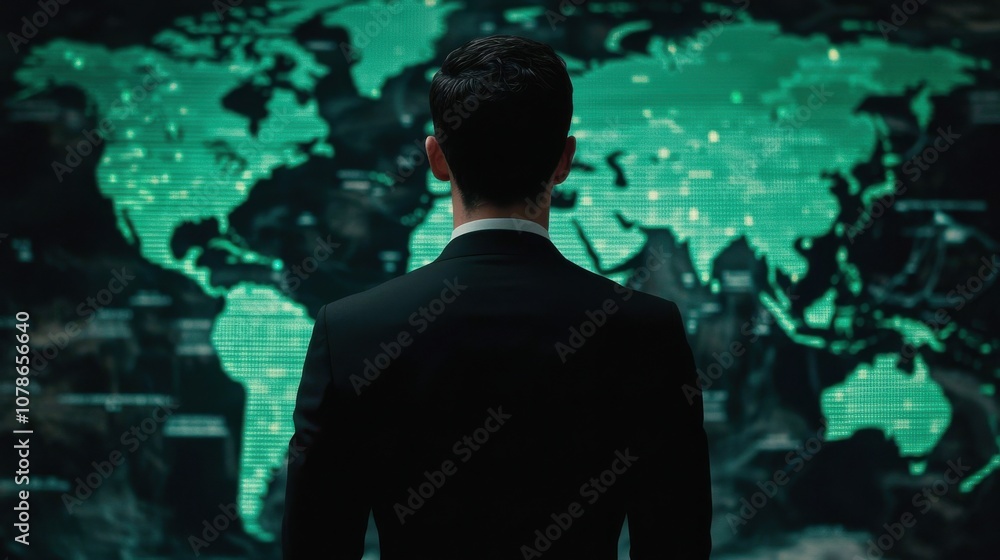 Fototapeta premium Businessman observing a digital world map with data visualizations, representing global connectivity and strategy.