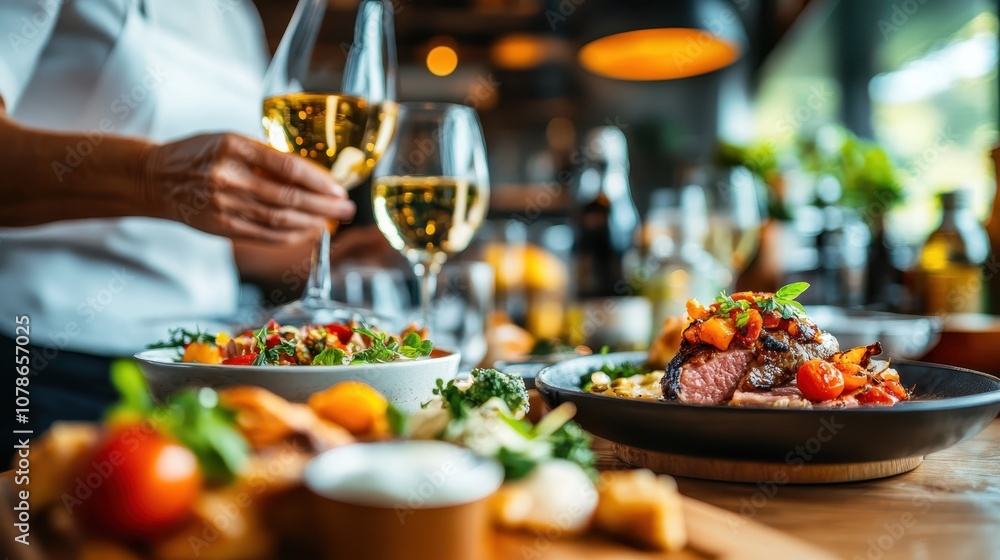 In a cozy setting, two glasses of white wine are poised for a toast alongside a savory gourmet steak dish, surrounded by colorful vegetables on a wooden table. In a cozy setting, two glasses of white wine are poised for a toast alongside a savory gourmet steak dish, surrounded by colorful vegetables on a wooden table.