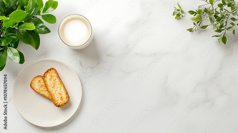 A cup of latte with biscuits and plants on a marble table. A cup of latte with biscuits and plants on a marble table.