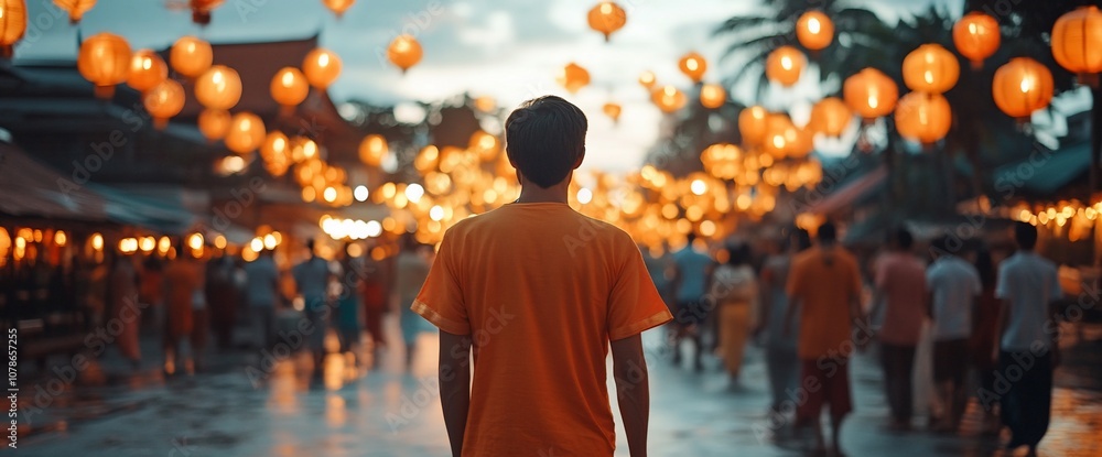 A man walking through a street decorated with traditional lanterns, the festive mood is palpable, surrounded by other people enjoying the atmosphere. A man walking through a street decorated with traditional lanterns, the festive mood is palpable, surrounded by other people enjoying the atmosphere.