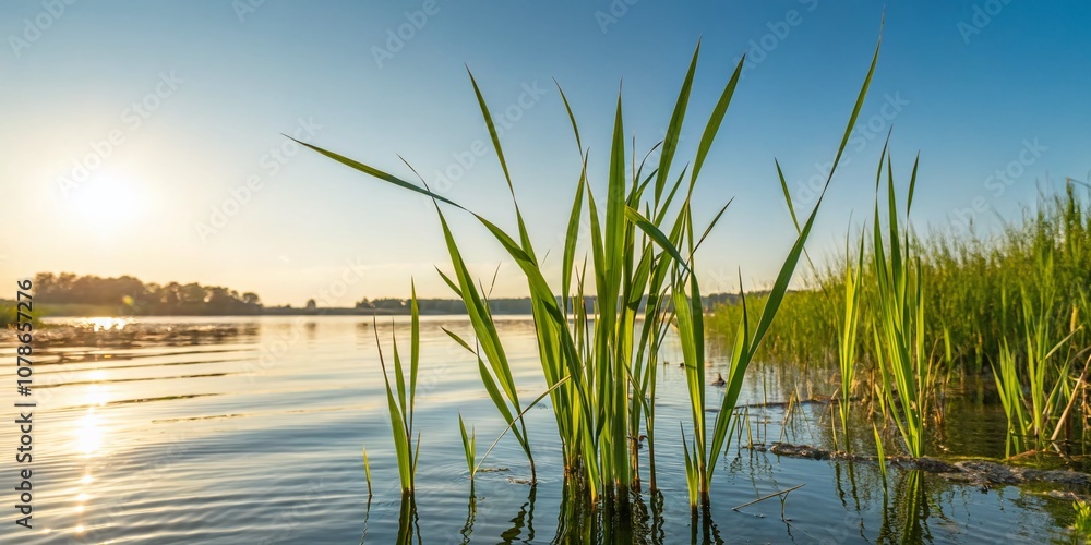 Fototapeta premium Young Reeds Growing in a Serene Lake Under Bright Sunlight on a Clear Day, Showcasing Nature's Beauty and Tranquility in a Vibrant Landscape Setting