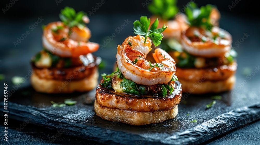 Delicately arranged shrimp appetizers sit on a black slate, vibrant with colors and textures including greens, tomatoes, and herbs, exemplifying gourmet artistry. Delicately arranged shrimp appetizers sit on a black slate, vibrant with colors and textures including greens, tomatoes, and herbs, exemplifying gourmet artistry.
