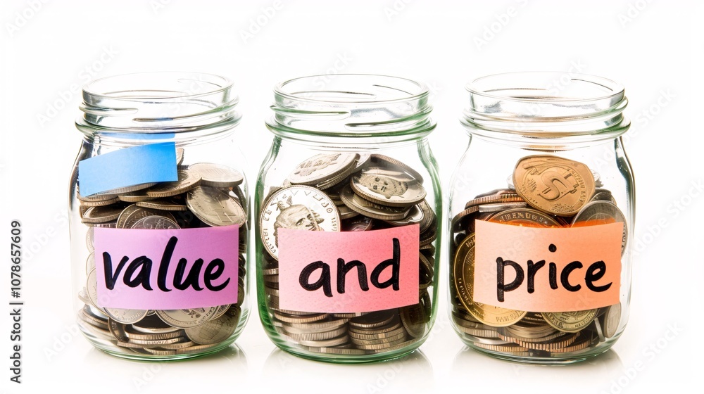 Glass jars filled with coins of various denominations representing the concepts of value price financial growth investment income expense and accounting Glass jars filled with coins of various denominations representing the concepts of value price financial growth investment income expense and accounting