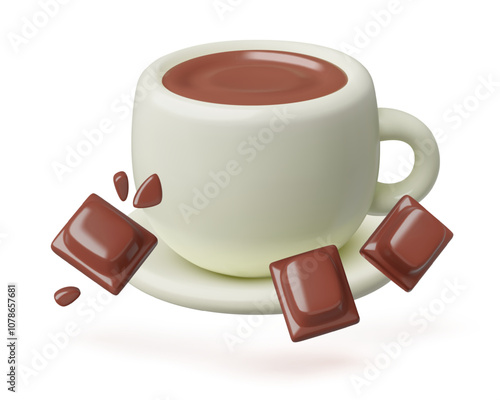 Hot chocolate cup 3d emoji with blocks of dark chocolate. Cocoa drink three dimensional cute realistic vector illustration isolated on white background.
