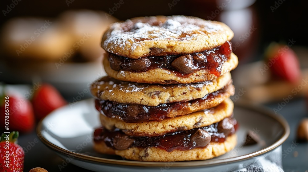 A delightful stack of gourmet cookies filled with gleaming red jam and creamy chocolate, arranged beautifully to emphasize their tempting appeal and texture. A delightful stack of gourmet cookies filled with gleaming red jam and creamy chocolate, arranged beautifully to emphasize their tempting appeal and texture.