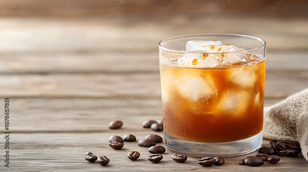 A glass of iced coffee with ice cubes and coffee beans on a wooden background. A glass of iced coffee with ice cubes and coffee beans on a wooden background.