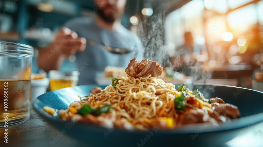 A steaming bowl of noodles topped with succulent beef pieces is served, capturing a delicious fusion of flavors and culinary excellence in a vibrant setting. A steaming bowl of noodles topped with succulent beef pieces is served, capturing a delicious fusion of flavors and culinary excellence in a vibrant setting.