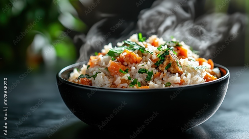 A warm and appetizing rice dish brimming with vegetables like carrots and garnished with cilantro, focusing on the comforting and nutritious appeal of homemade meals. A warm and appetizing rice dish brimming with vegetables like carrots and garnished with cilantro, focusing on the comforting and nutritious appeal of homemade meals.