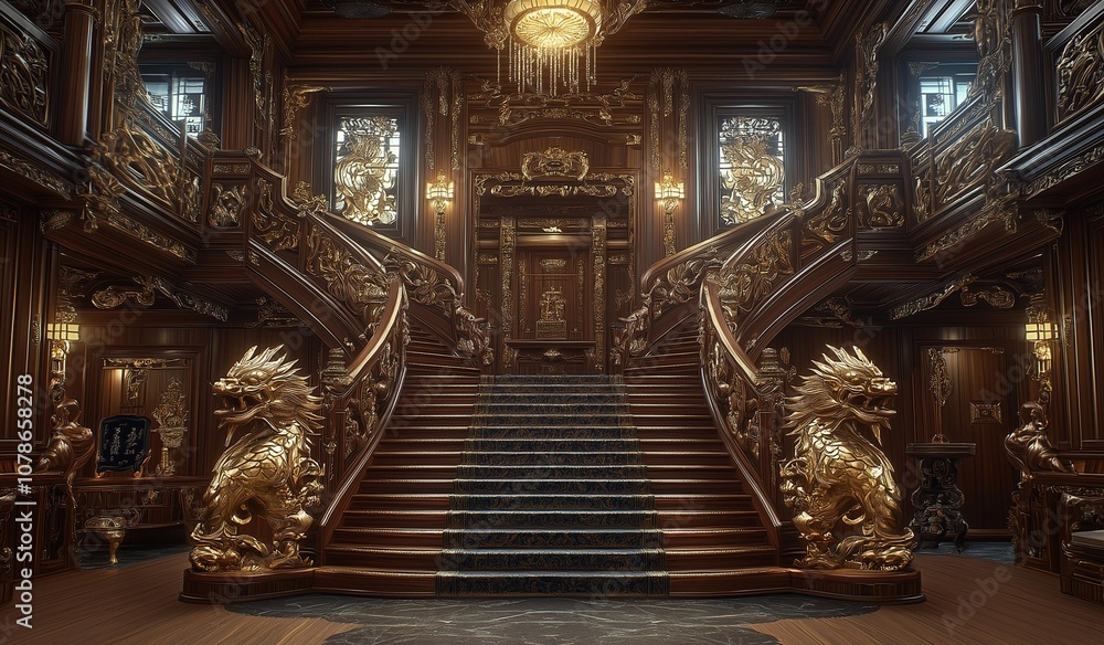 Obraz premium AI generator image of Chinese decoration room, retest Chinese dragon carved wood stairs,Chinesedragon carved solid wood sofa,magnificent architecture, full oflight, Luxurious gold tones