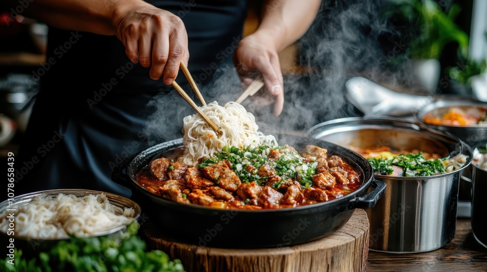 A steaming, spicy noodle dish featuring flavorful meat chunks being meticulously prepared by a chef using chopsticks, creating a culinary delight in a lively kitchen. A steaming, spicy noodle dish featuring flavorful meat chunks being meticulously prepared by a chef using chopsticks, creating a culinary delight in a lively kitchen.