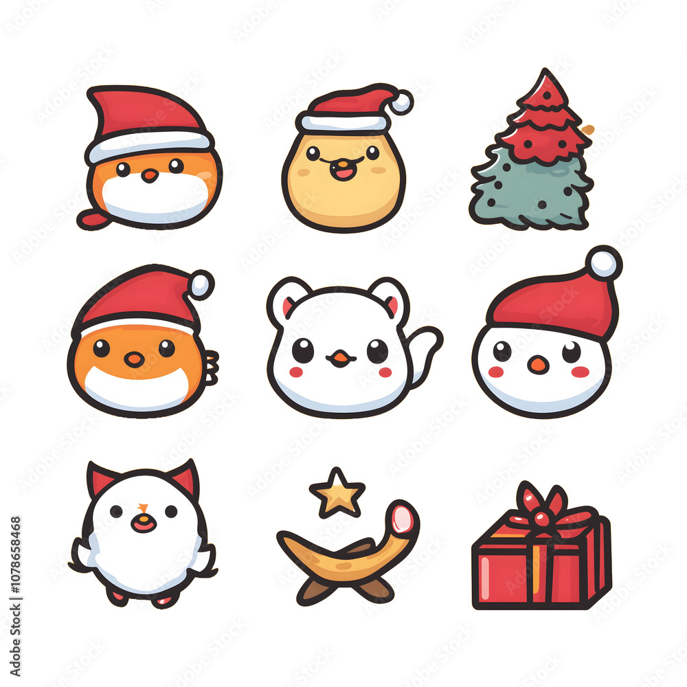 Cute Christmas Cartoon Icons Set with Santa Hats, Gifts, and Winter Animals Cute Christmas Cartoon Icons Set with Santa Hats, Gifts, and Winter Animals