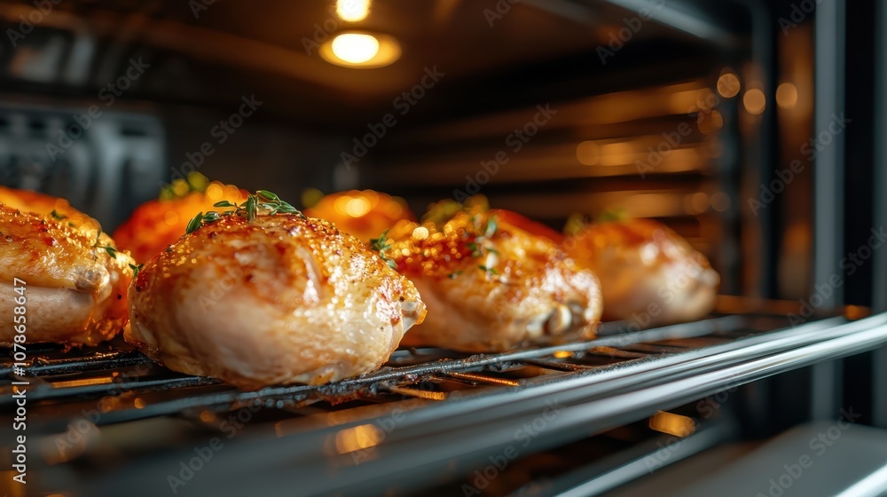 Golden-brown roasted chicken thighs cooking in an oven, capturing the essence of home-cooked meals and the inviting aroma of perfectly baked poultry. Golden-brown roasted chicken thighs cooking in an oven, capturing the essence of home-cooked meals and the inviting aroma of perfectly baked poultry.