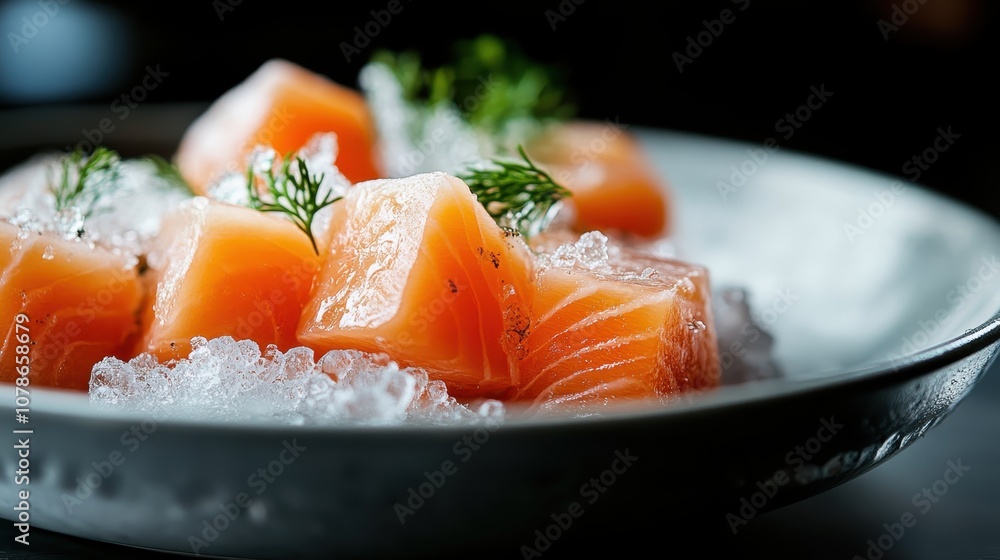 A beautifully arranged dish of fresh salmon cubes on a bed of ice, garnished artfully with green sprigs, showcasing seafood freshness and artistic presentation. A beautifully arranged dish of fresh salmon cubes on a bed of ice, garnished artfully with green sprigs, showcasing seafood freshness and artistic presentation.