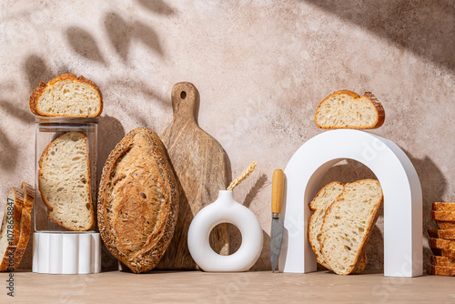 Rustic bread display with wooden board and white vase