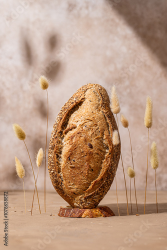 Rustic artisan bread with seeds and dried grasses display photo