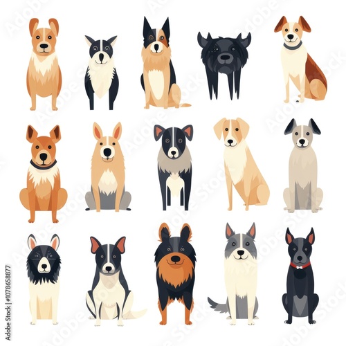 Collection of cute cartoon dogs: diverse breeds in playful styles